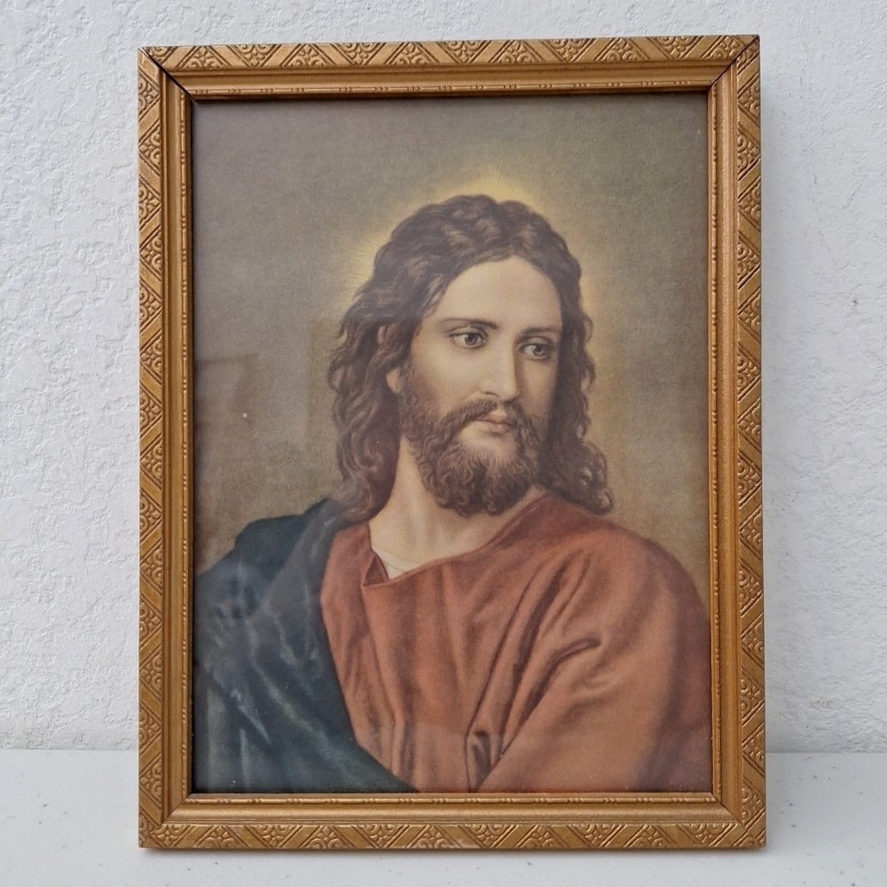 'Vintage 1952 Framed Print of JESUS CHRIST in Golden Frame Catholic 9" x 7"